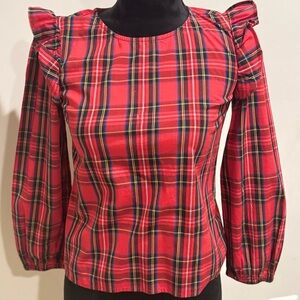 J. Crew Factory Girls Plaid Ruffle Sleeve Top - Red